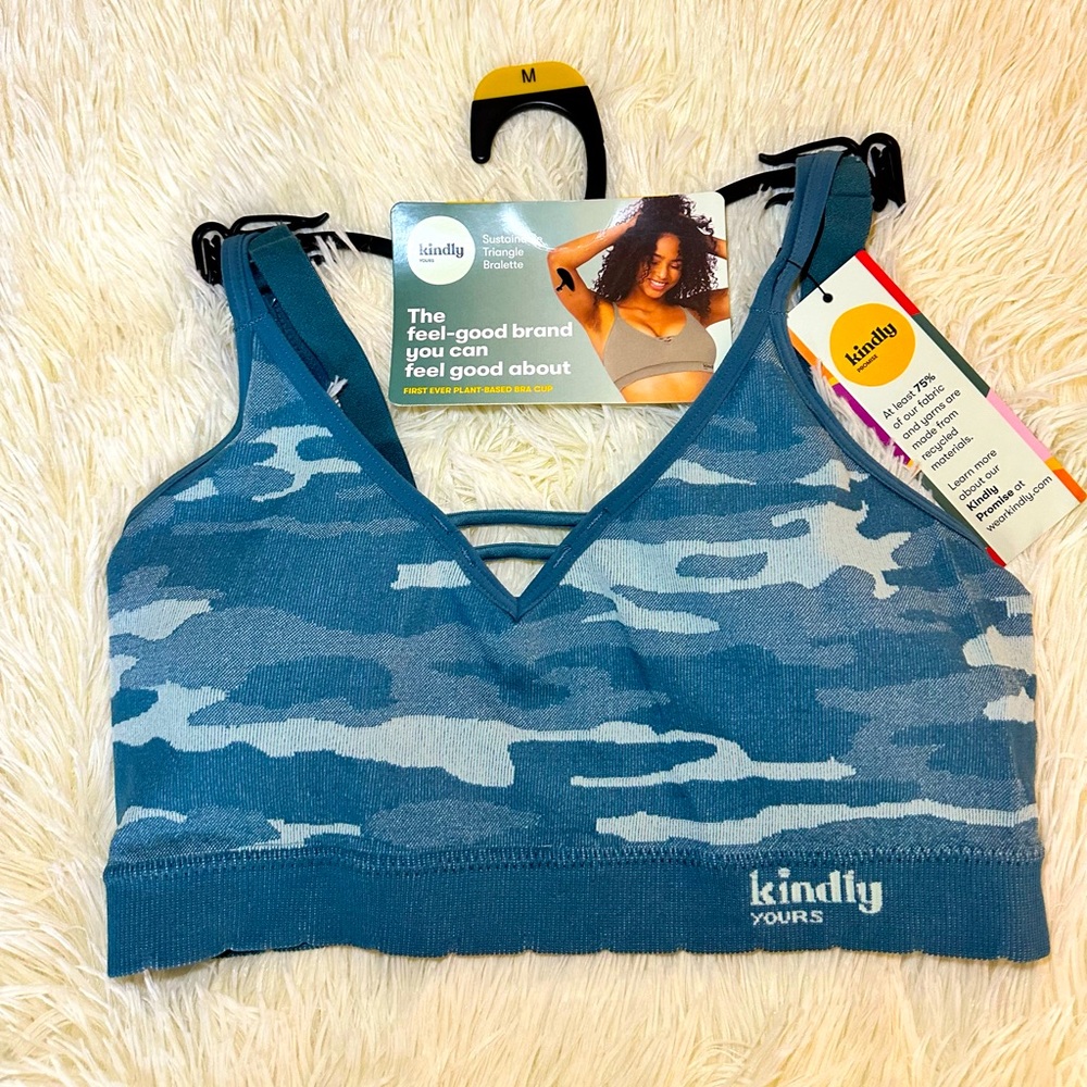 NEW With Tags! Kindly Sustainable Seamless VNeck Bralette, M, Teal Camo